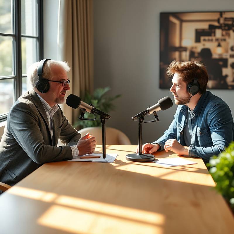 To personer som sitter ved et bord og gjennomfører et podcast-intervju.